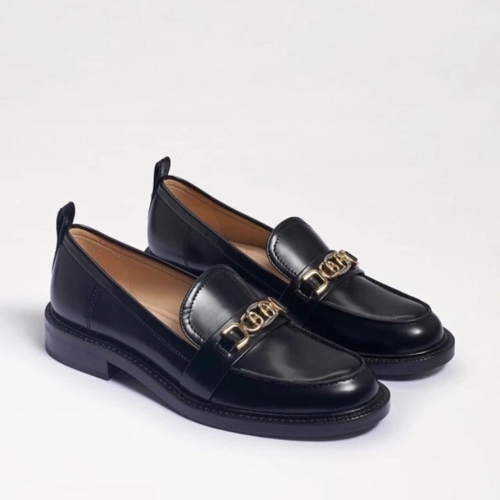$150 Sam Edelman Christy Black Patent Leather Chain Almond Toe Loafers Size 7